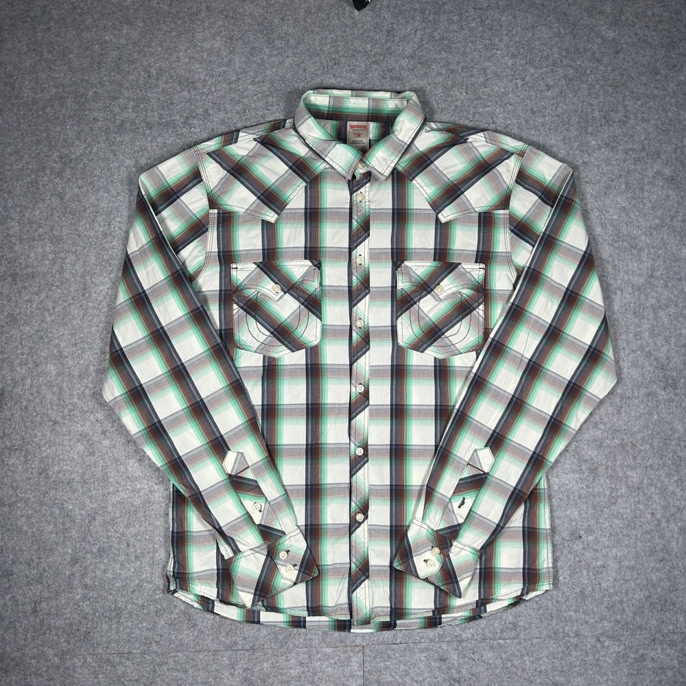 True Religion Western Shirt Mens XXL Green Plaid Pearl Snap Cotton Cowboy Y2K